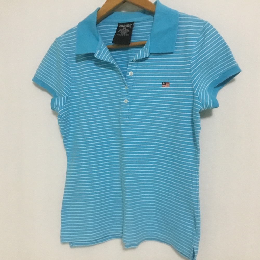 Ralph Lauren Turquoise Stripe Polo Style Short Sleeve Shirt Women’s Size Large
